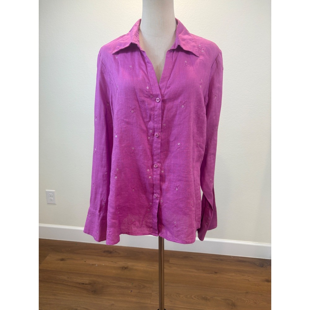 Liz Claiborne Button Down Top 14 Pink Embroidered Sequin Linen Beach Lagenlook